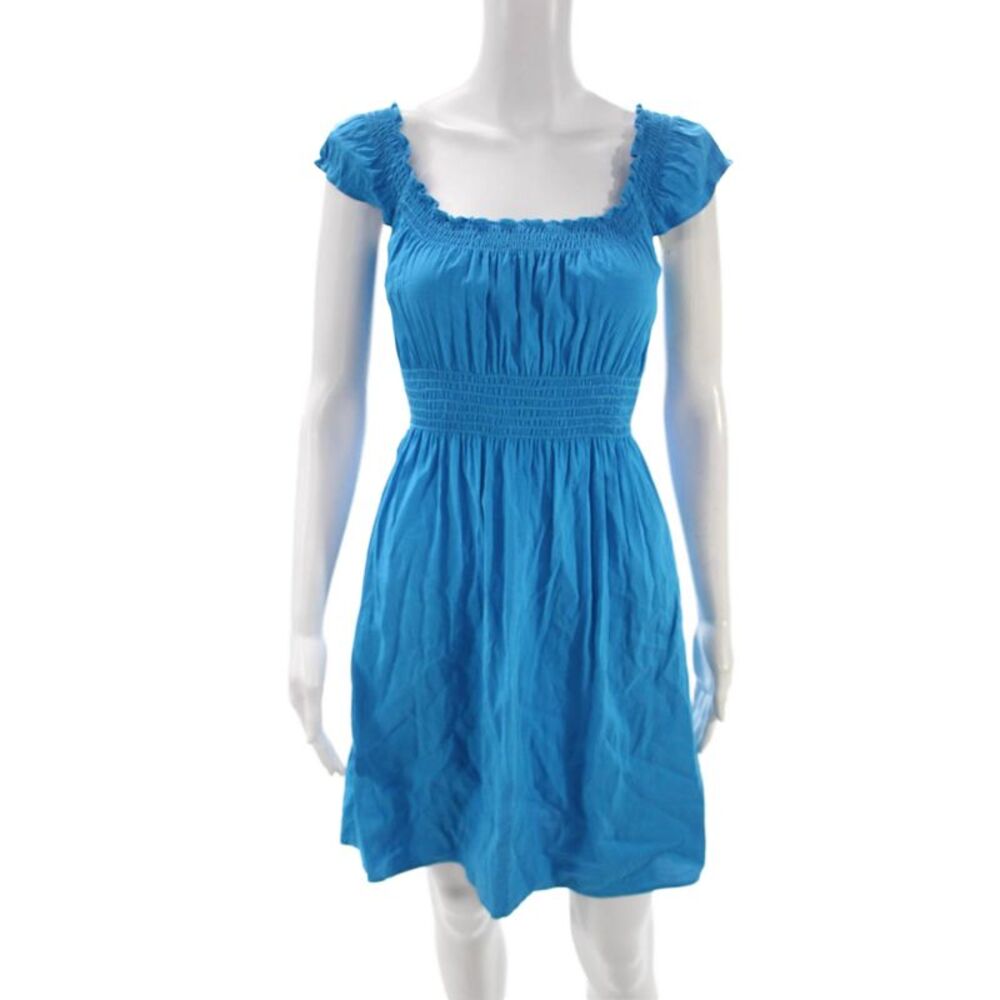 Theory Women Sundress Blue Linen Square Neck Short Sleeve Knee Length Size S